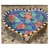 Signed pottery heart shaped bowl Lynn 1997. Pink