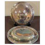 Silver plated serving bowl with lid. 12in long x