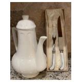 White ceramic tea pot, 12in tall x 10in wide. Has