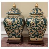 Pair of Amita Hand-Painted Ginger Jars with Lids