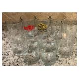 8 UV Glow glasses. 3 Tall clear glass, 6in tall