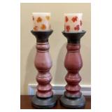 Matching Turned Wood Candleholders with Floral
