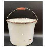 Vintage White Enamelware Bucket with Wooden