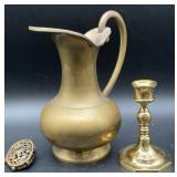 Vintage Brass Pitcher, Brass Candlestick & Ornate