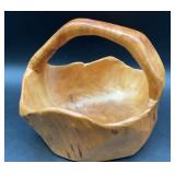 Hand-Carved Natural Wood Basket with Integrated