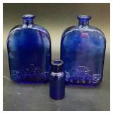 Set of 3 Cobalt Blue Glass Bottles, Two Embossed