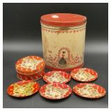 Vintage Tin Coaster Set and Decorative Tin