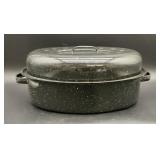 Vintage Black Speckled Enamel Roasting Pan with