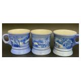 Set of 3 Blue Transferware Pedestal Mugs, Country
