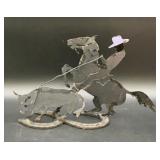 Vintage Metal Cowboy on Horseback Roping Steer