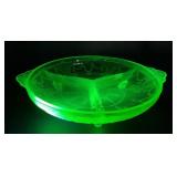 UV GLOW Green Glass Three-Part Relish Dish, 8.5'