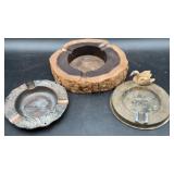 Vintage Ashtrays Wood Slab, Brass Swan & Buffalo