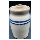 Vintage Blue Band Stoneware Crock Jar with Lid 6