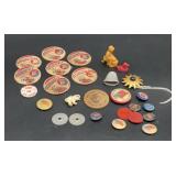 Vintage milk bottle lids, Wooden Nickel, pins,