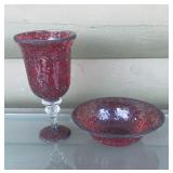 Pair of Red Mosaic Art Glass Decorative Bowl and