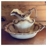 Vintage Brown Glazed Pottery Pitcher & Wash Basin