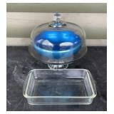 Vintage Norpro Blue Aluminum Bowl, Glass Pedestal