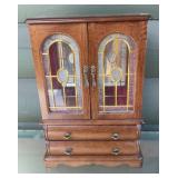 Vintage Wooden Jewelry Cabinet with Leaded Glass