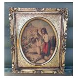 Vintage Ornate Framed Print of Girl at Fountain