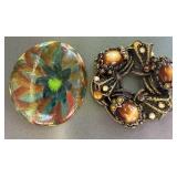 Vintage Cat's Eye Cabochon Wreath Brooch Amber