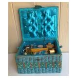 Vintage Turquoise Wicker Sewing Basket with