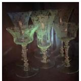 6 Vintage UV Glow  Etched Crystal Floral Stemware