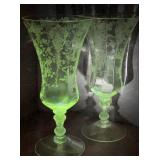5 UV GLOW Etched Glass Water Goblets with Faceted