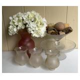 Glass Cake Stand, Cranberry Vase, Hurricane Shades