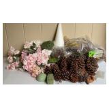 Large Lot of Artificial Hydrangeas, Pine Cones,
