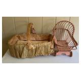 Vintage Doll Bassinet Cradle & Pink Wicker Doll