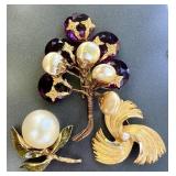 Vintage Amethyst Glass Floral Bouquet, Faux Pearl
