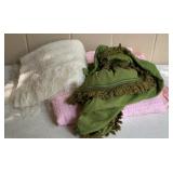 Vintage linens, Green Tablecloth, Pink Sheet &