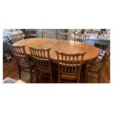 Vintage Oak Pedestal Dining Table with leaf & 8