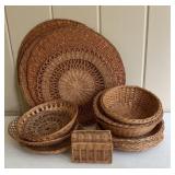 Assorted Wicker Baskets, Trays, Placemats &