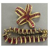 Signed Castlecliff Ruby Red Rhinestone Brooch &