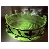Vintage UV GlowClear Glass Black Floral Enamel