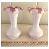 Fenton Pink Crest Glass Ruffled Rim Vase Pair Art