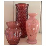 Vintage Hand Painted Art Glass Vases, Cranberry