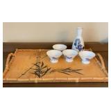 Vintage Japanese Sake Set with Bamboo Serving