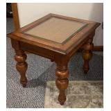 Glass Top Rattan Inlay Wood End Table with Turned