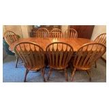 Solid Oak Pedestal Dining Table w/ 8 Windsor
