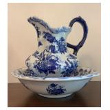 Blue & White Porcelain Wash Basin & Pitcher Set