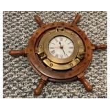 Nautical Wooden Ship Wheel Wall Clock with Brass