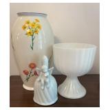 Milk Glass Pedestal Compote, FTD Floral Vase &