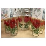 Vintage Red Tulip Floral Glass Beverage Pitcher