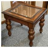Glass Top Rattan Inlay Wood End Table with Turned