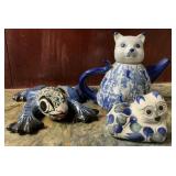 Blue & White Cat Teapot, Cat Figurine &