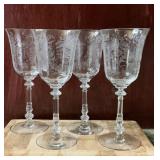 Set of 4 Vintage Etched Floral & Ribbon Stemmed