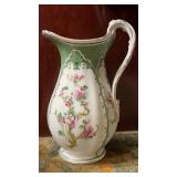 Antique Floral Transferware Water Pitcher Green