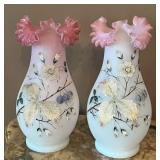Pair of Victorian Pink Satin Art Glass Ruffled